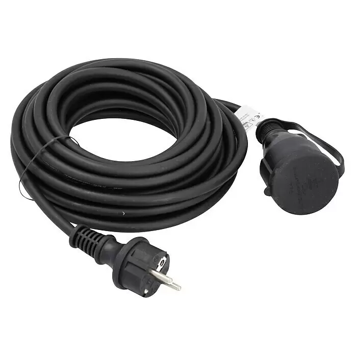 Voltomat Verlängerungskabel - 10 m, Schwarz, IP44, H05RR-F - Aufgerolltes schwarzes Verlängerungskabel mit Stecker und Kupplung.