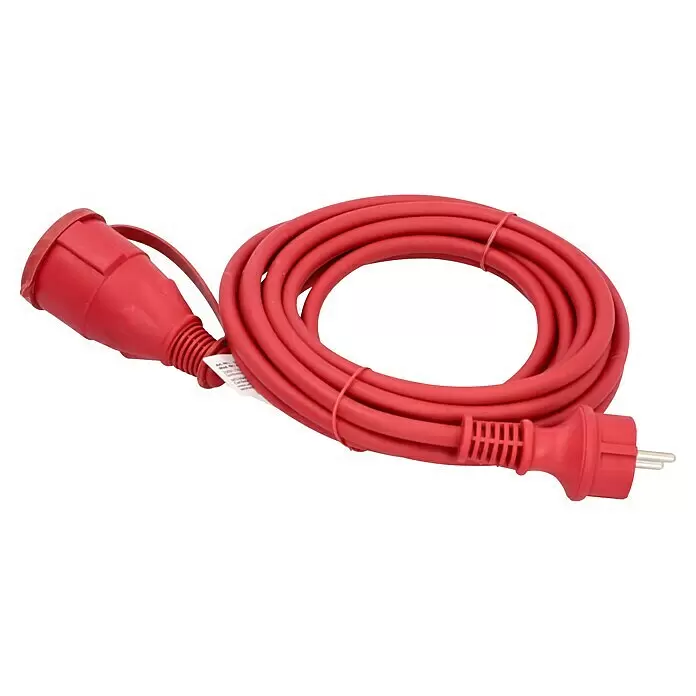 Voltomat Verlängerungskabel - 5 m, Rot, IP44, H05RR-F - Rotes, aufgewickeltes Verlängerungskabel mit Stecker und Kupplung.