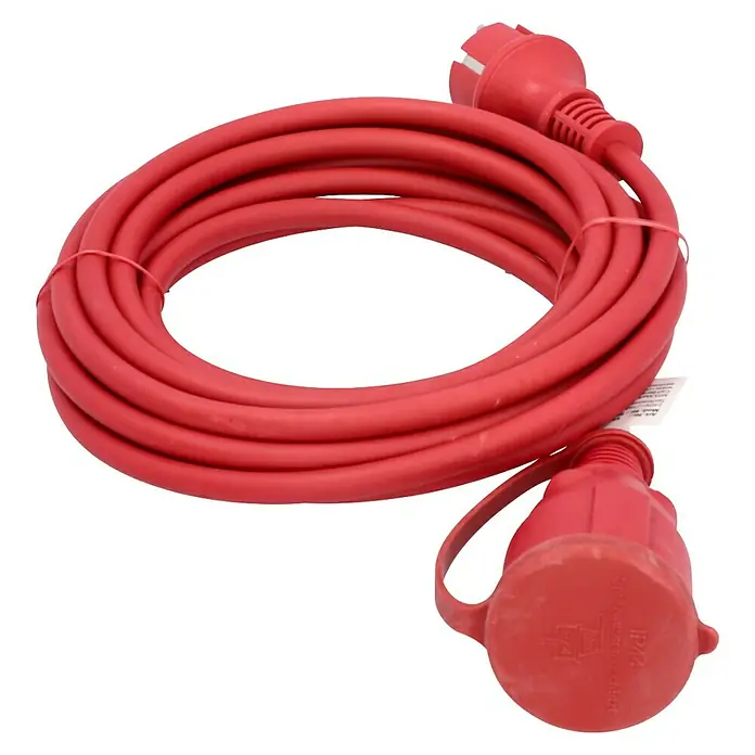 Voltomat Verlängerungskabel - 5 m, Rot, IP44, H05RR-F - Aufgerolltes rotes Starkstromkabel mit Stecker und Kupplung für den Baustelleneinsatz.