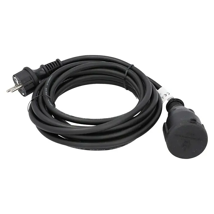 Verlängerungskabel - 5 m, Schwarz, IP44, H05RR-F - Schwarzes Stromkabel mit Schukostecker an einem Ende und Kupplungsstecker am anderen, aufgerollt und mit Kabelbinder fixiert.