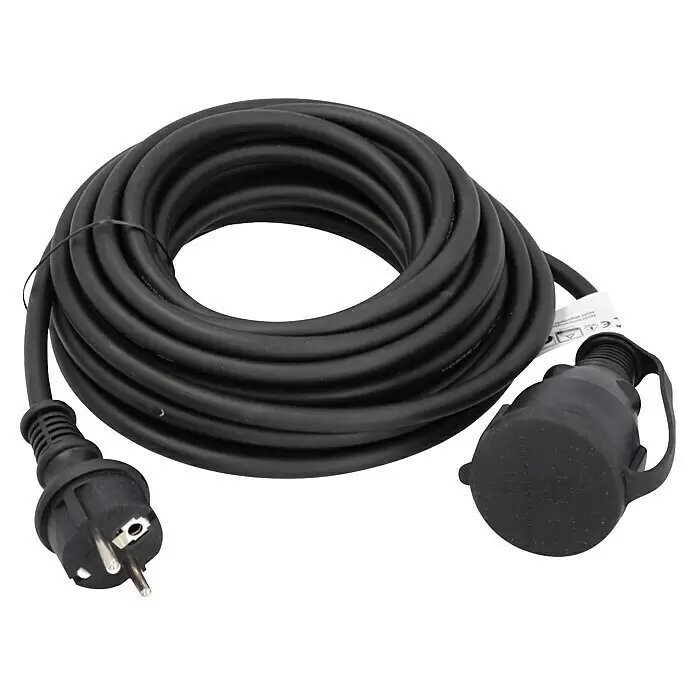 Voltomat Verlängerungskabel - 10 m, Schwarz, IP44, H05RR-F - Schwarzes, aufgerolltes Verlängerungskabel mit Stecker und abgedeckter Kupplung.