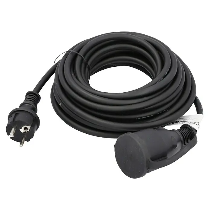 Voltomat Verlängerungskabel - 10 m, Schwarz, IP44, H05RR-F - Schwarzes Verlängerungskabel mit Schuko-Stecker und Kupplung, aufgerollt und bereit für den Einsatz im Innen- und Außenbereich.