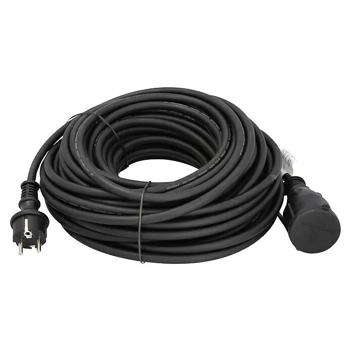 Profi Depot Verlängerungskabel - 25 m, Schwarz, IP44, H07RN-F - Schwarzes aufgerolltes Verlängerungskabel mit Schuko-Stecker und -Kupplung.