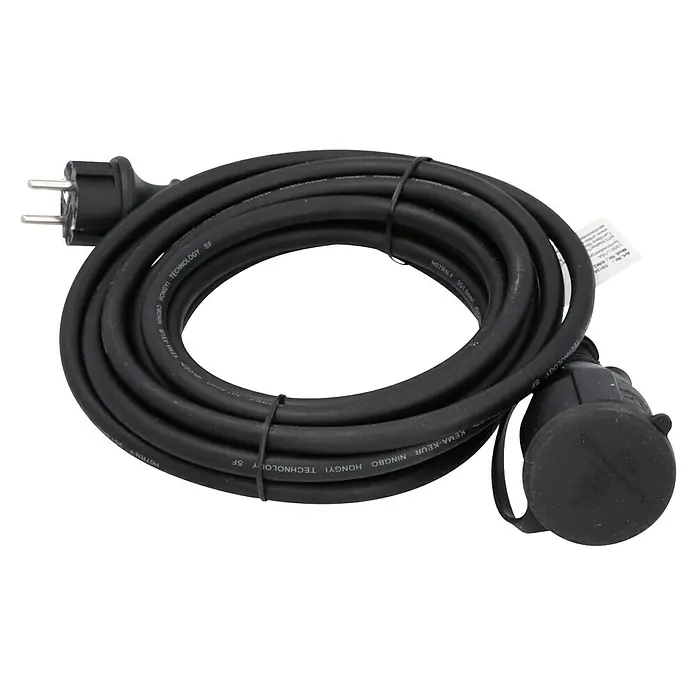 Profi Depot Verlängerungskabel - 5 m, Schwarz, IP44, H07RN-F - Schwarzes Stromkabel mit Stecker und Kupplung, geeignet für den Einsatz im Freien, mit gut sichtbarer Kabelbeschriftung.