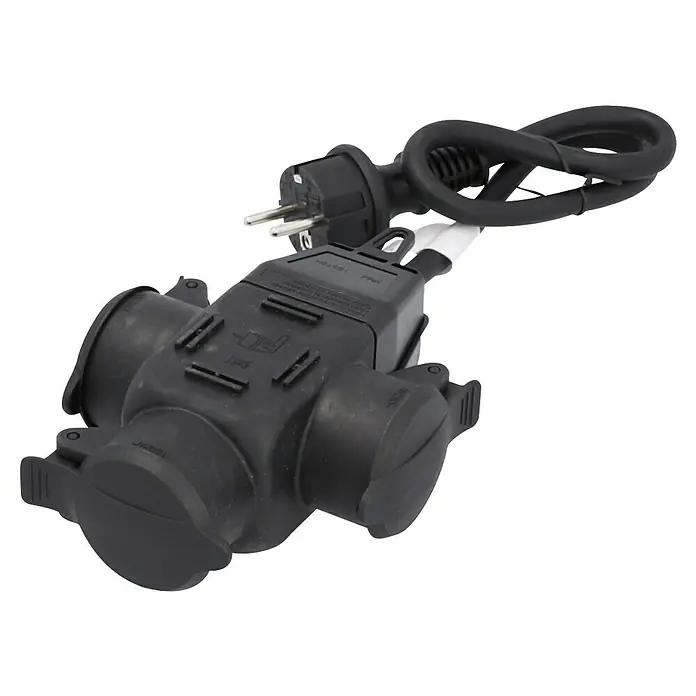 Voltomat Verlängerungskabel - 0,5 m, Schwarz, IP44, H07RN-F - Ein robuster, schwarzer 3-fach Außen-Steckdosenverteiler mit Schutzkontaktstecker, ideal für den Einsatz im Garten oder auf der Baustelle.