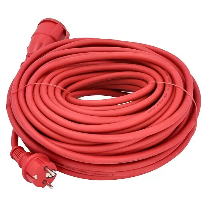 Verlängerungskabel - 25 m, Rot, IP44, H07RN-F - Rotes, aufgerolltes Verlängerungskabel mit Stecker und Buchse.