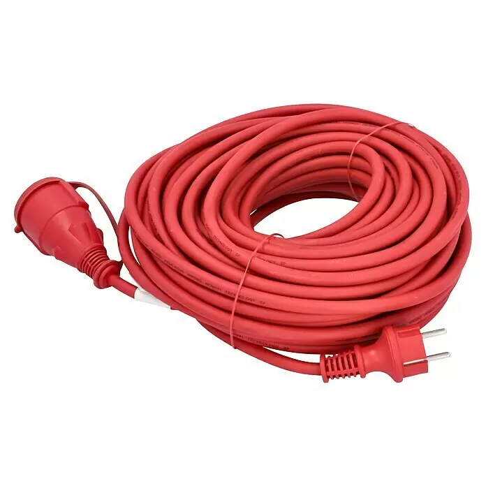 Verlängerungskabel - 25 m, Rot, IP44, H07RN-F - Rotes, aufgerolltes elektrisches Verlängerungskabel mit Stecker und Kupplung.