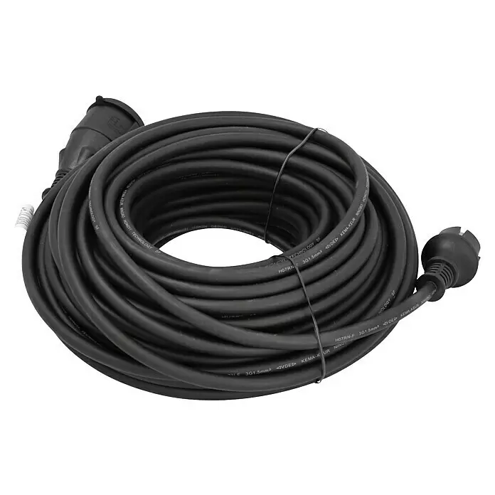 Profi Depot Verlängerungskabel - 25 m, Schwarz, IP44, H07RN-F - Schwarzes aufgerolltes H07RN-F 3G1.5mm² Verlängerungskabel mit zwei Steckern.