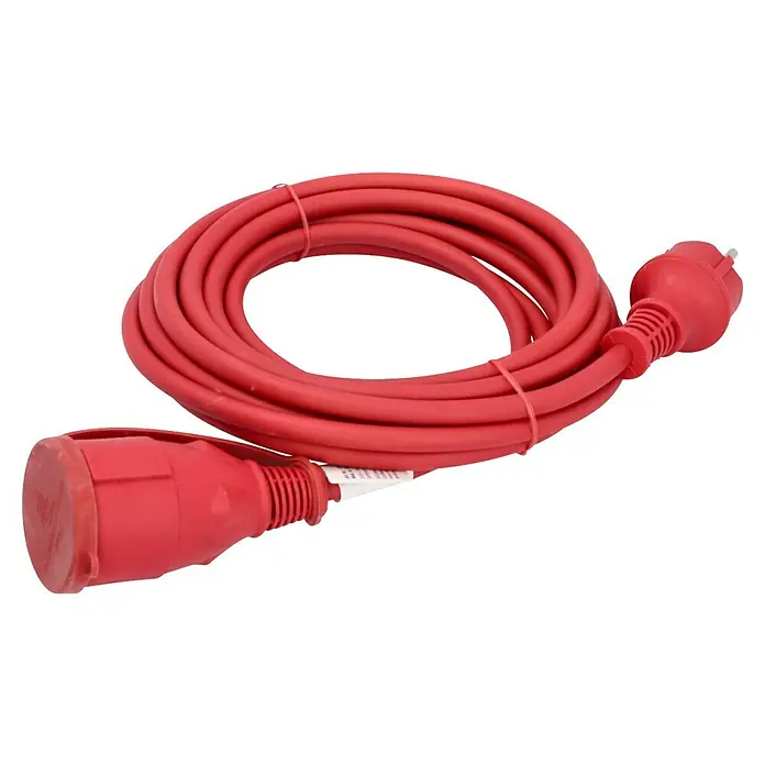 Voltomat Verlängerungskabel - 5 m, Rot, IP44, H05RR-F - Aufgerolltes, rotes Verlängerungskabel mit Schutzkontaktstecker und -kupplung für den flexiblen Einsatz im Innen- und Außenbereich.