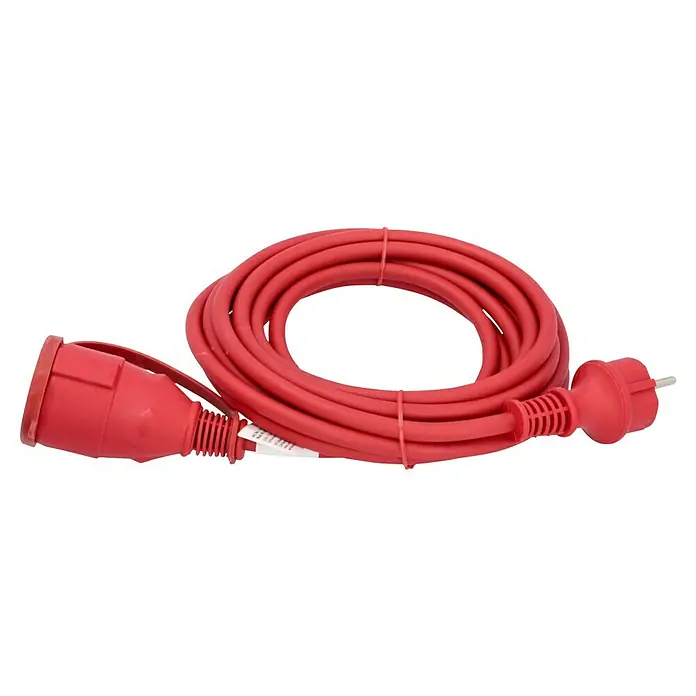 Voltomat Verlängerungskabel - 5 m, Rot, IP44, H05RR-F - Rotes Verlängerungskabel mit Stecker und Kupplung, zusammengerollt und mit einem Band fixiert. Ideal für den Einsatz im Freien.