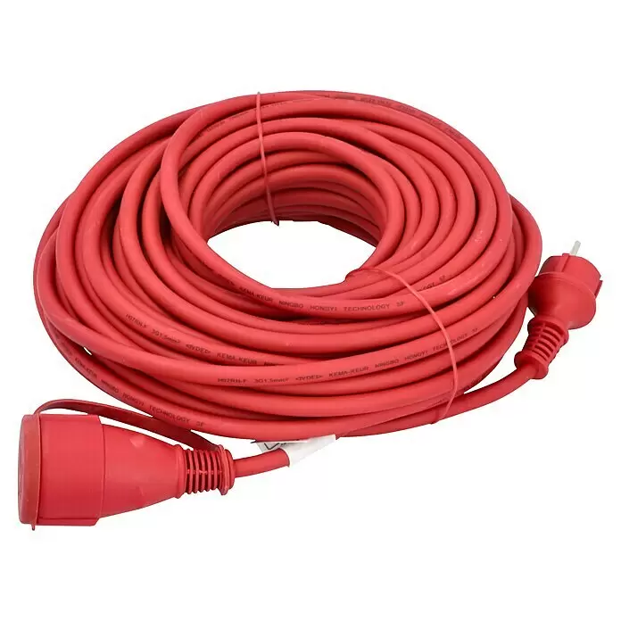 Verlängerungskabel - 25 m, Rot, IP44, H07RN-F - Gerolltes rotes Starkstrom-Verlängerungskabel mit Stecker und Kupplung.