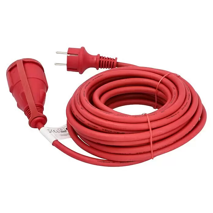 Voltomat Verlängerungskabel - 10 m, Rot, IP44, H05RR-F - Rotes, aufgerolltes Verlängerungskabel mit Schukostecker und Kupplung.