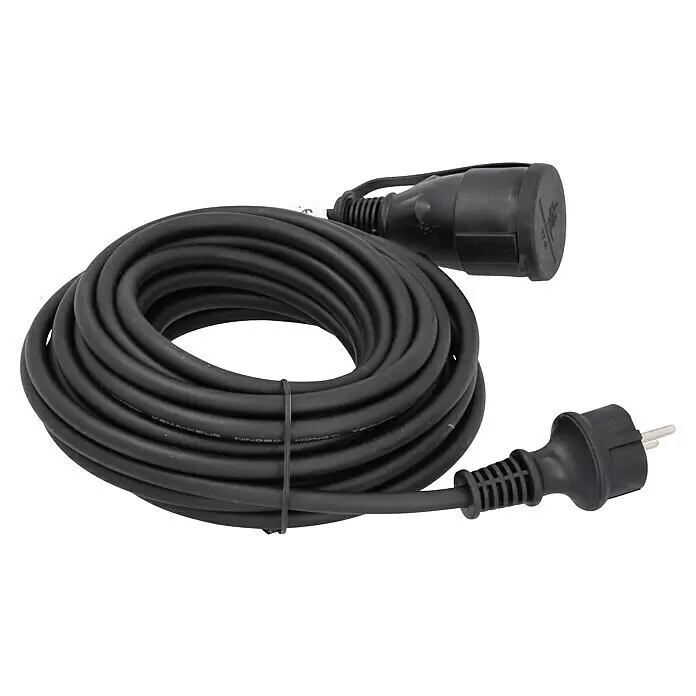 Voltomat Verlängerungskabel - 10 m, Schwarz, IP44, H05RR-F - Aufgerolltes schwarzes Verlängerungskabel mit Stecker und Buchse.