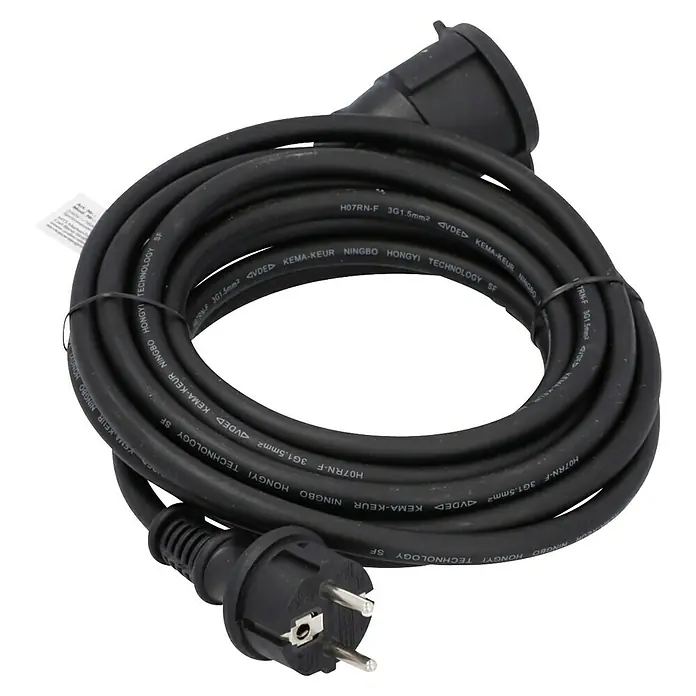 Profi Depot Verlängerungskabel - 5 m, Schwarz, IP44, H07RN-F - Schwarzes Verlängerungskabel mit Schutzkontaktstecker und -kupplung, geeignet für den Außenbereich.