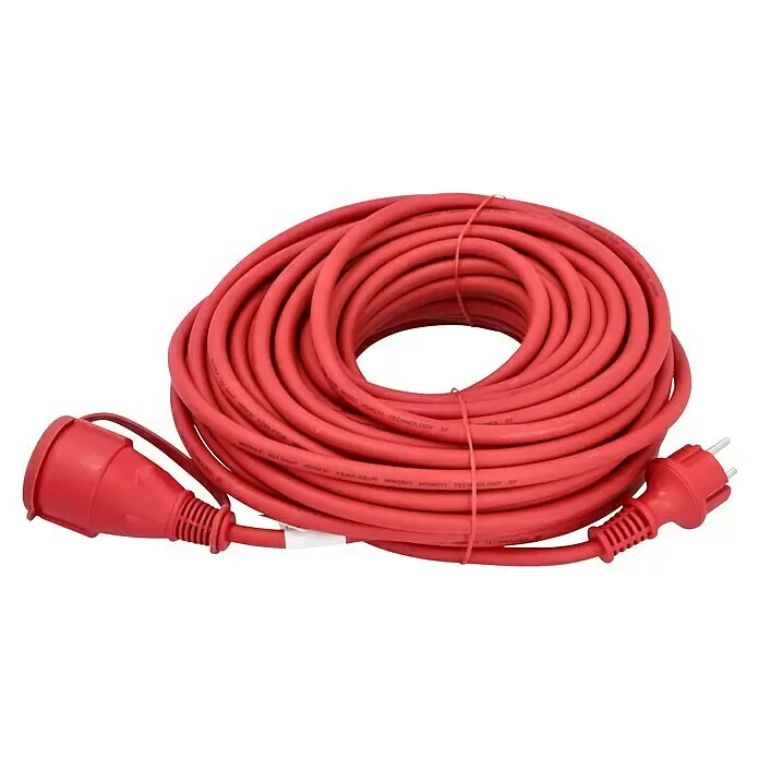 Verlängerungskabel - 25 m, Rot, IP44, H07RN-F - Aufgerolltes rotes Verlängerungskabel mit Stecker und Kupplung.