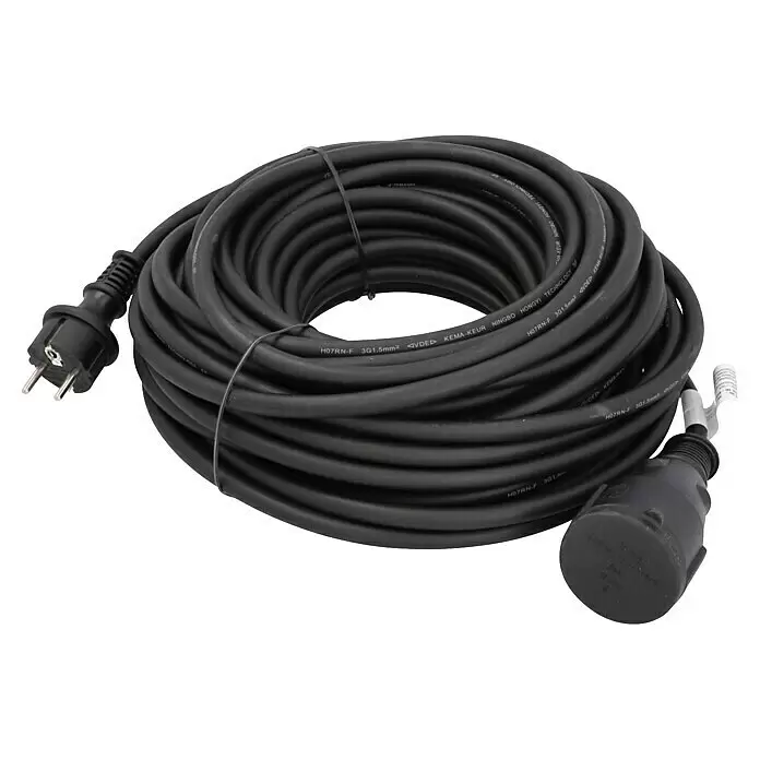 Profi Depot Verlängerungskabel - 25 m, Schwarz, IP44, H07RN-F - Schwarzes aufgerolltes Verlängerungskabel mit Stecker und Kupplung.
