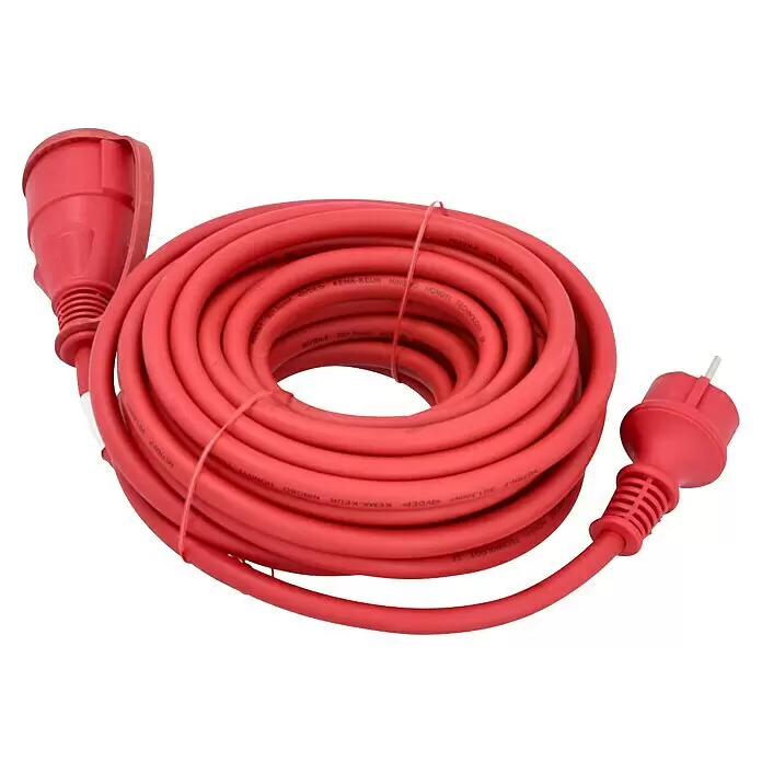 Verlängerungskabel - 10 m, Rot, IP44, H07RN-F - Aufgerolltes rotes Industrie-Verlängerungskabel mit Stecker und Kupplung.