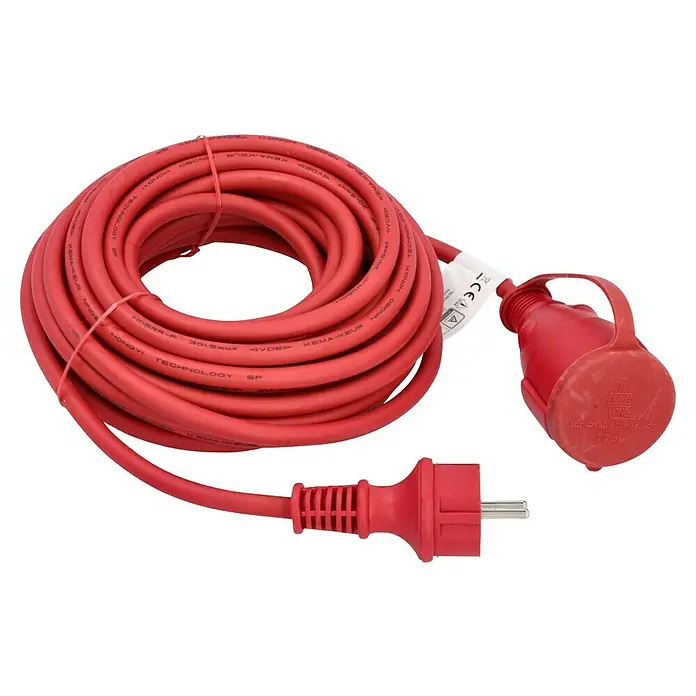 Voltomat Verlängerungskabel - 10 m, Rot, IP44, H05RR-F - Ein rotes Verlängerungskabel mit Stecker und Schutzkappe, aufgerollt dargestellt. Ideal für den Einsatz im Freien und sichere Stromversorgung.