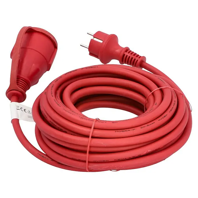 Voltomat Verlängerungskabel - 10 m, Rot, IP44, H05RR-F - Rotes Verlängerungskabel mit Stecker und Kupplung, aufgerollt dargestellt. Ideal für den flexiblen Einsatz im Innen- und Außenbereich.