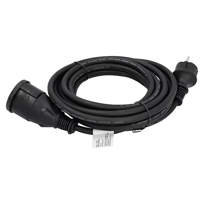 Profi Depot Verlängerungskabel - 5 m, Schwarz, IP44, H07RN-F - Schwarzes aufgewickeltes Stromkabel mit Stecker und Buchse.
