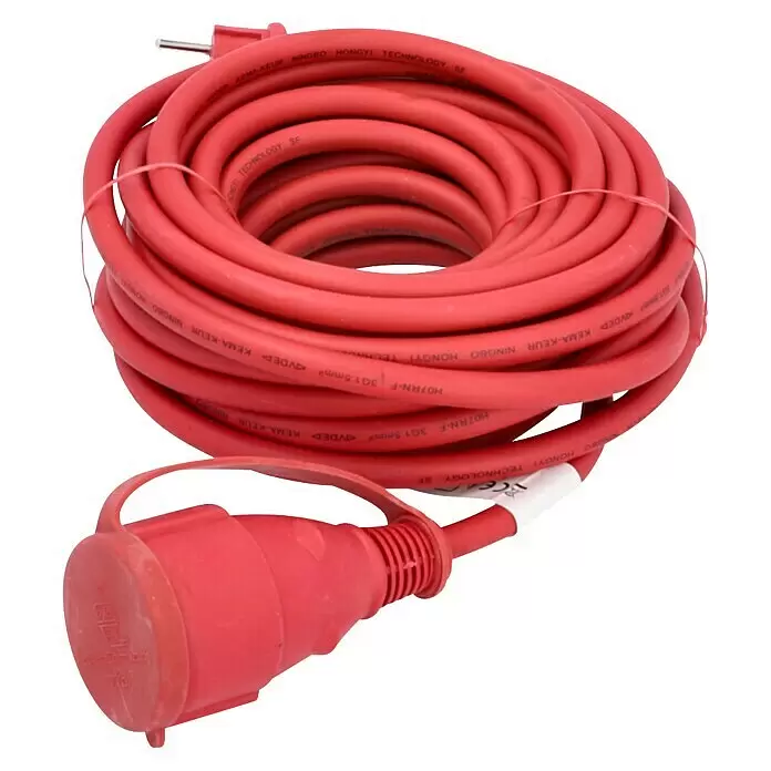 Verlängerungskabel - 10 m, Rot, IP44, H07RN-F - Aufgerolltes rotes Starkstrom-Verlängerungskabel mit CEE-Stecker und -Kupplung.