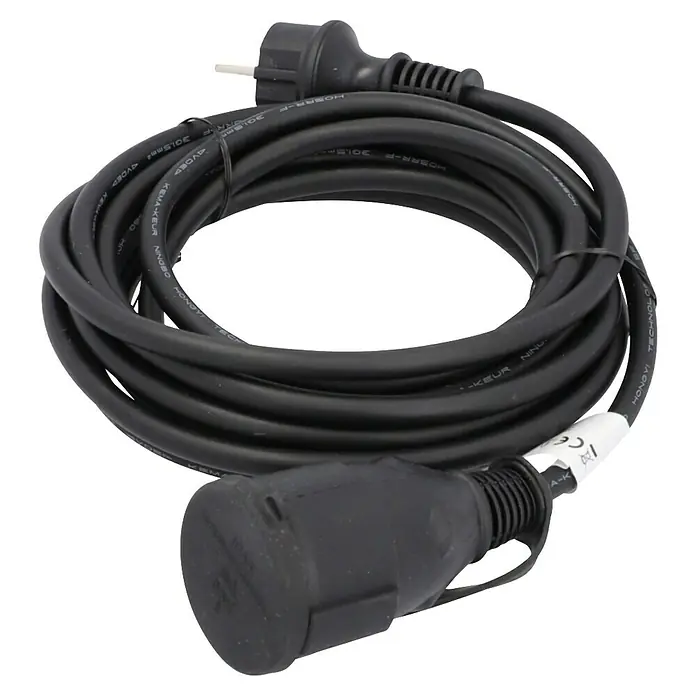 Verlängerungskabel - 5 m, Schwarz, IP44, H05RR-F - Schwarzes Verlängerungskabel mit Schuko-Stecker und -Kupplung, aufgerollt präsentiert.