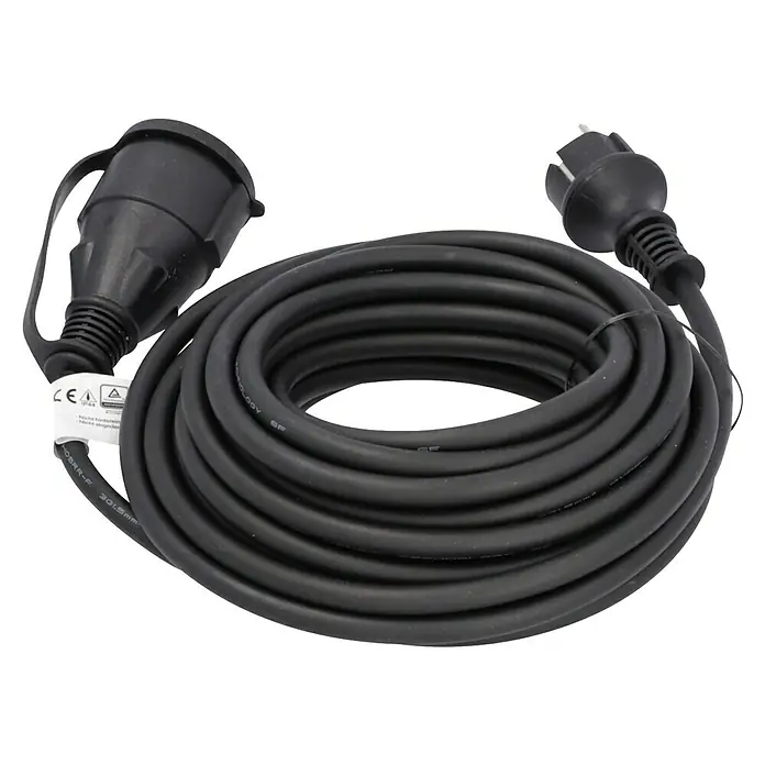 Voltomat Verlängerungskabel - 10 m, Schwarz, IP44, H05RR-F - Schwarzes Verlängerungskabel mit Schutzkontaktstecker und -kupplung für den flexiblen Einsatz im Innen- und Außenbereich.