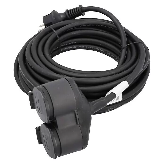 Voltomat Verlängerungskabel - 10 m, Schwarz, IP44, H07RN-F - Schwarzes aufgerolltes Verlängerungskabel mit Stecker und zwei abgedeckten Steckdosen.