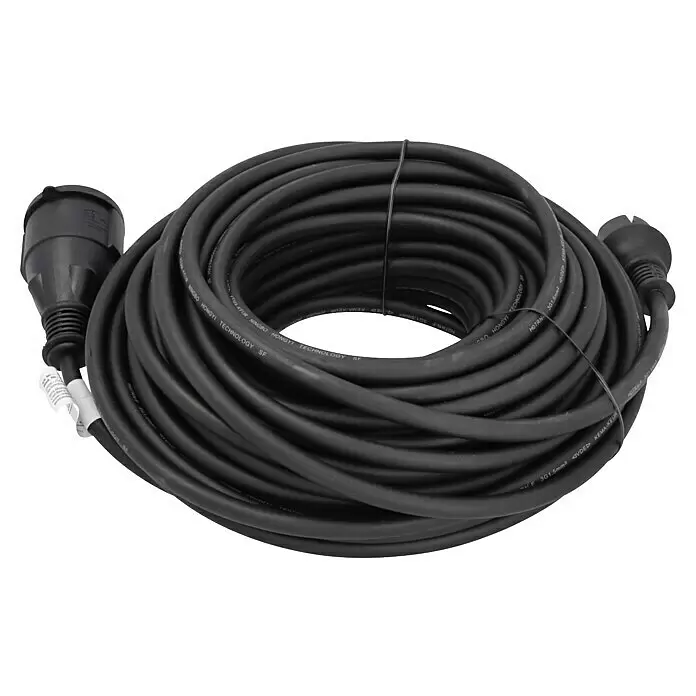 Profi Depot Verlängerungskabel - 25 m, Schwarz, IP44, H07RN-F - Schwarzes aufgerolltes Verlängerungskabel mit Steckern an beiden Enden.