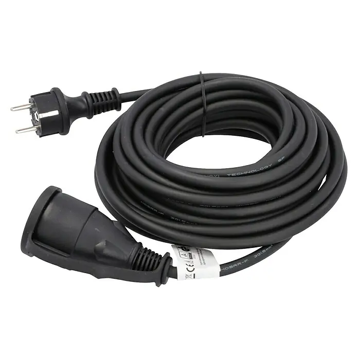 Voltomat Verlängerungskabel - 10 m, Schwarz, IP44, H05RR-F - Schwarzes Verlängerungskabel mit Eurostecker und Kupplung, zusammengerollt für den einfachen Transport und die Lagerung.