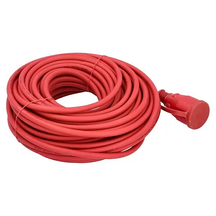 Verlängerungskabel - 25 m, Rot, IP44, H07RN-F - Gekräuseltes rotes Verlängerungskabel mit passendem rotem Stecker.