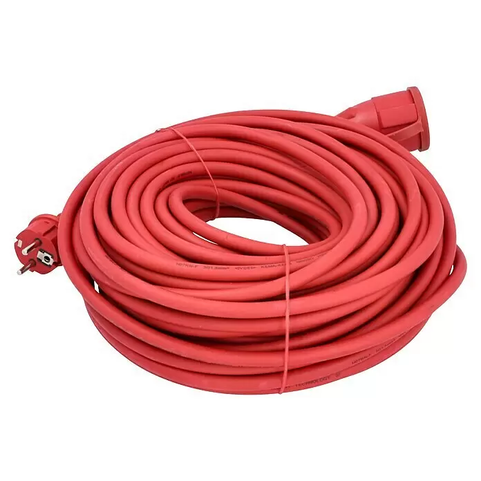 Verlängerungskabel - 25 m, Rot, IP44, H07RN-F - Rotes aufgerolltes Verlängerungskabel mit Stecker und Buchse.