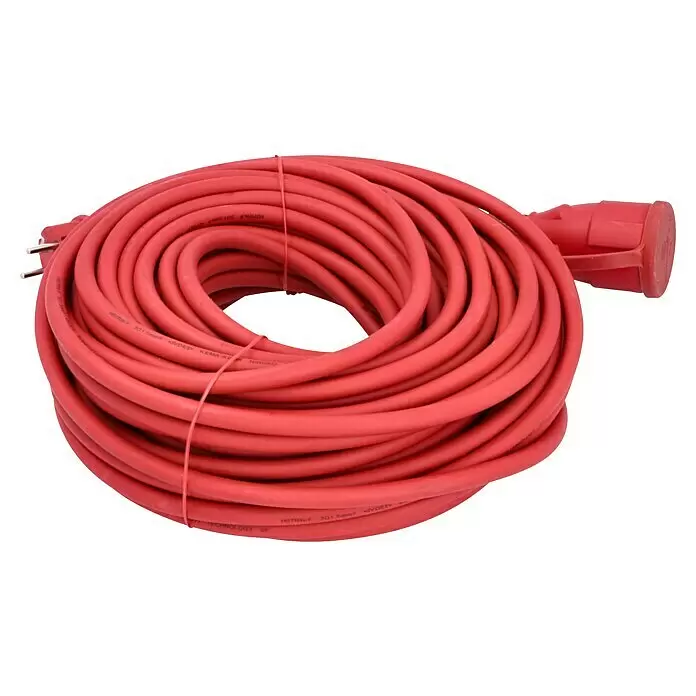 Verlängerungskabel - 25 m, Rot, IP44, H07RN-F - Aufgerolltes rotes Schwerlast-Stromkabel mit Stecker und Kupplung.