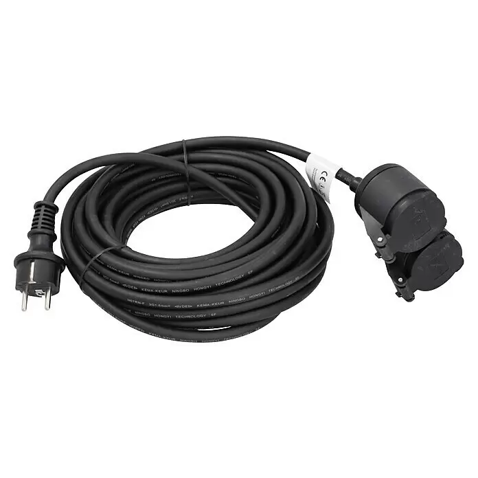 Voltomat Verlängerungskabel - 10 m, Schwarz, IP44, H07RN-F - Schwarzes, aufgerolltes Verlängerungskabel mit Schuko-Stecker und Doppelkupplung.