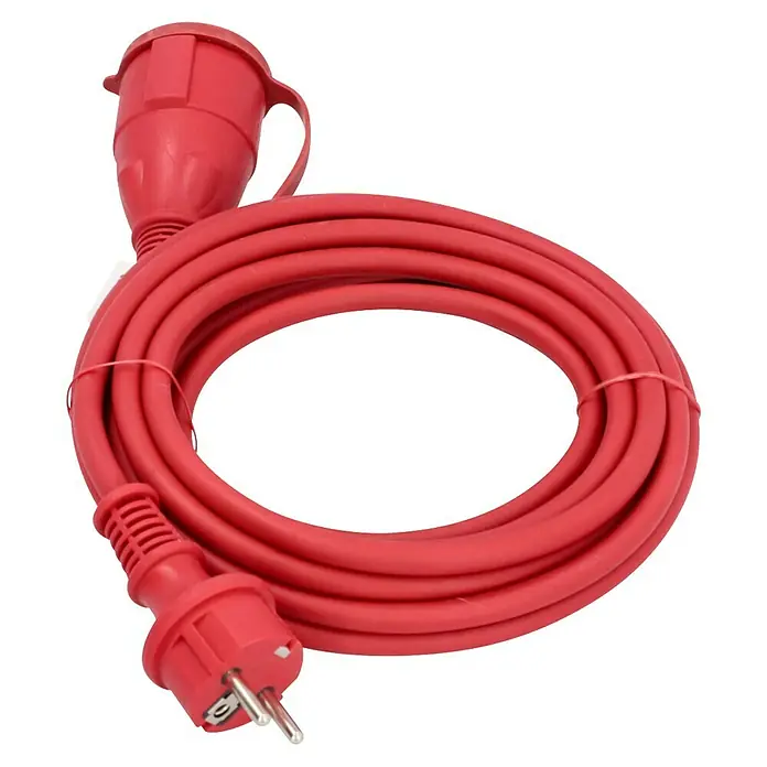 Voltomat Verlängerungskabel - 5 m, Rot, IP44, H05RR-F - Rotes Verlängerungskabel mit Schutzkontaktstecker und -kupplung, aufgerollt präsentiert.