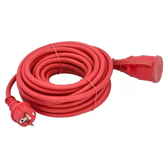 Verlängerungskabel - 10 m, Rot, IP44, H07RN-F - Aufgerolltes rotes Verlängerungskabel mit Stecker und Kupplung.