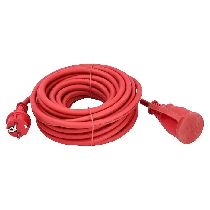 Verlängerungskabel - 10 m, Rot, IP44, H07RN-F - Rotes aufgerolltes Verlängerungskabel mit Stecker und Kupplung.