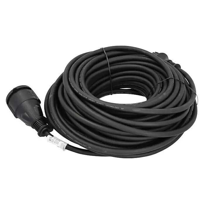 Profi Depot Verlängerungskabel - 25 m, Schwarz, IP44, H07RN-F - Schwarzes, aufgerolltes Stromverlängerungskabel mit robuster schwarzer Steckdose.