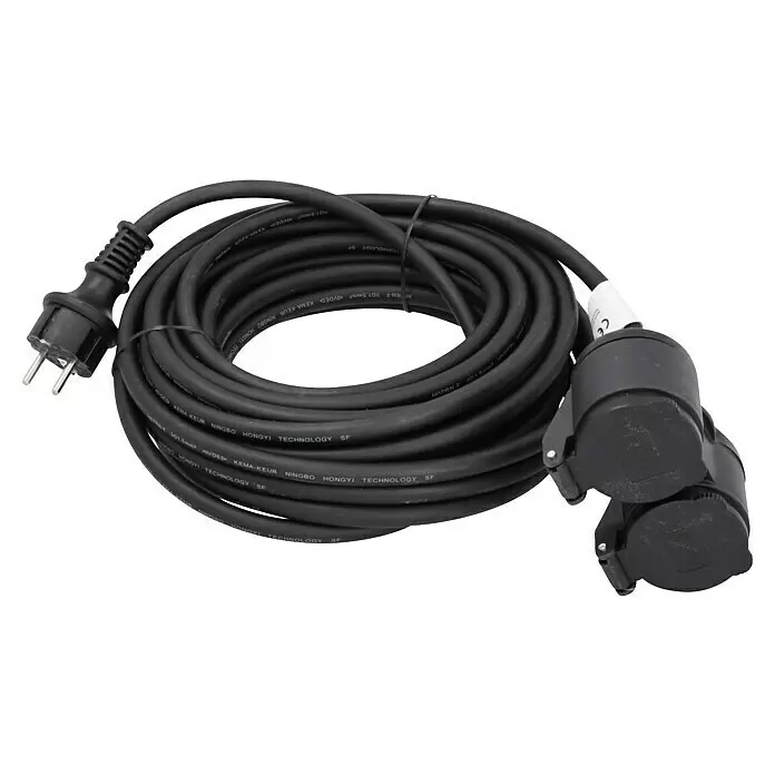 Voltomat Verlängerungskabel - 10 m, Schwarz, IP44, H07RN-F - Schwarzes aufgerolltes Verlängerungskabel mit Schukostecker und zwei Schukokupplungen.