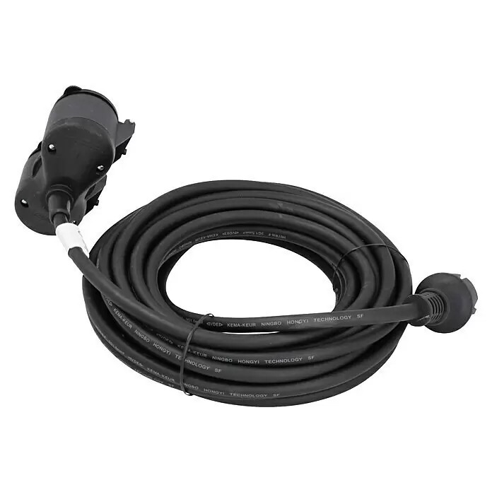 Voltomat Verlängerungskabel - 10 m, Schwarz, IP44, H07RN-F - Gekrölltes schwarzes Hochleistungs-Verlängerungskabel mit zwei verschiedenen schwarzen Stromanschlüssen.