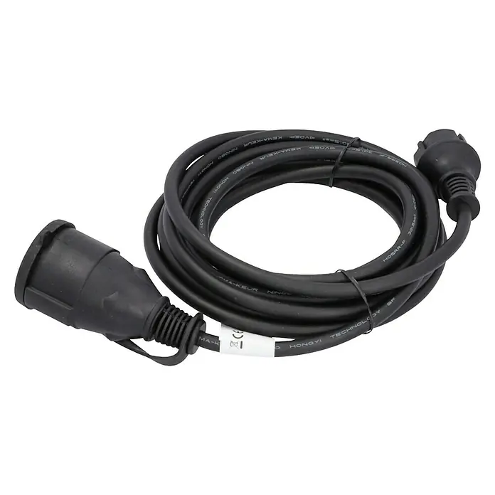 Verlängerungskabel - 5 m, Schwarz, IP44, H05RR-F - Ein schwarzes Stromkabel mit Stecker und Buchse. Ideal zum Verlängern oder Verbinden von Stromkreisen und elektronischen Geräten.