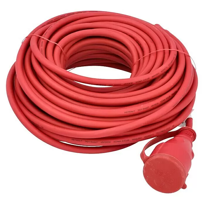 Verlängerungskabel - 25 m, Rot, IP44, H07RN-F - Gerolltes rotes H07RN-F 3G1.5mm² Stromkabel mit IP44 spritzwassergeschütztem rotem Stecker.