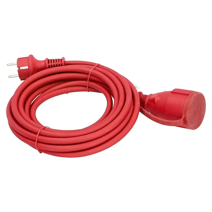 Voltomat Verlängerungskabel - 5 m, Rot, IP44, H05RR-F - Rotes Verlängerungskabel mit Schuko-Stecker und Kupplung. Das Kabel ist aufgerollt und mit einem Kabelbinder fixiert.