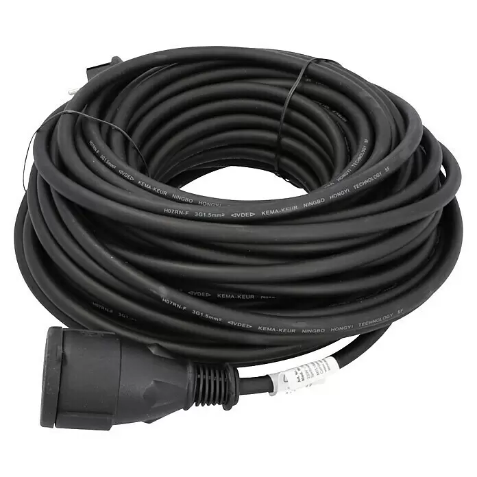 Profi Depot Verlängerungskabel - 25 m, Schwarz, IP44, H07RN-F - Schwarzes, aufgerolltes Starkstromkabel mit einer Steckdose.