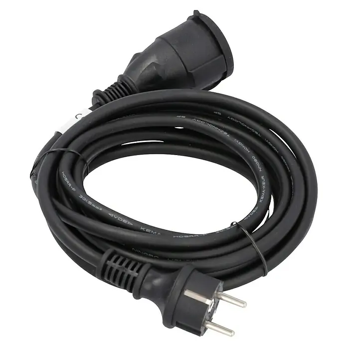 Verlängerungskabel - 5 m, Schwarz, IP44, H05RR-F - Schwarzes Stromkabel mit Schutzkontaktstecker und -kupplung, ideal für den Anschluss elektrischer Geräte.