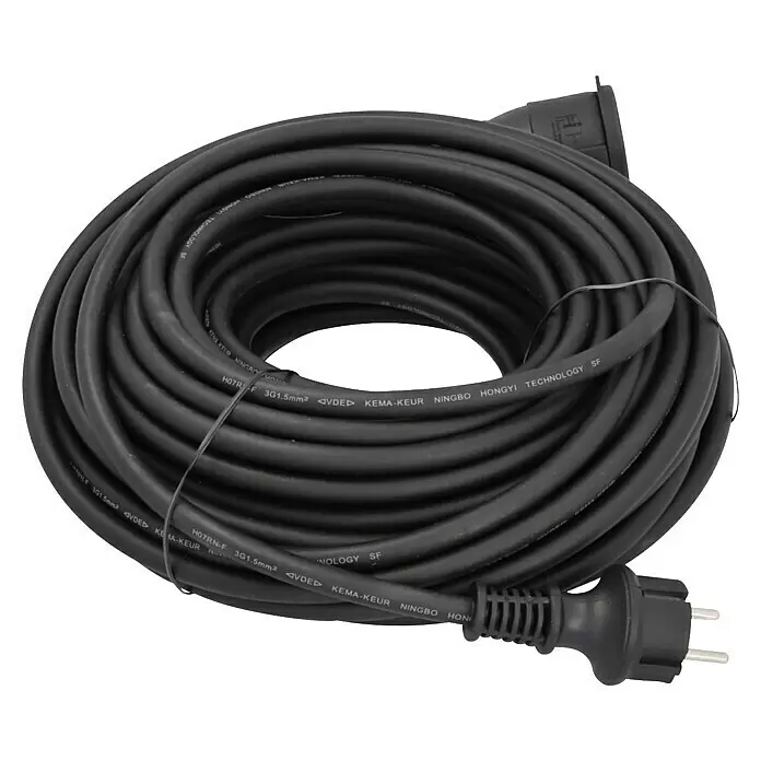 Profi Depot Verlängerungskabel - 25 m, Schwarz, IP44, H07RN-F - Aufgerolltes schwarzes Verlängerungskabel mit Stecker und Kupplung.