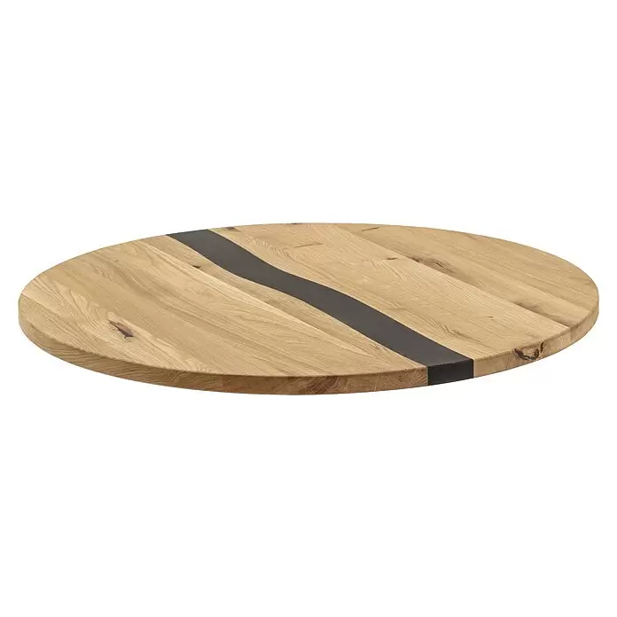 Exclusivholz Tischplatte Epoxid - Eiche, Durchmesser: 60 cm, Stärke: 2 cm - Runde Eichenholzplatte mit dunkler Epoxidharz-Einlage.