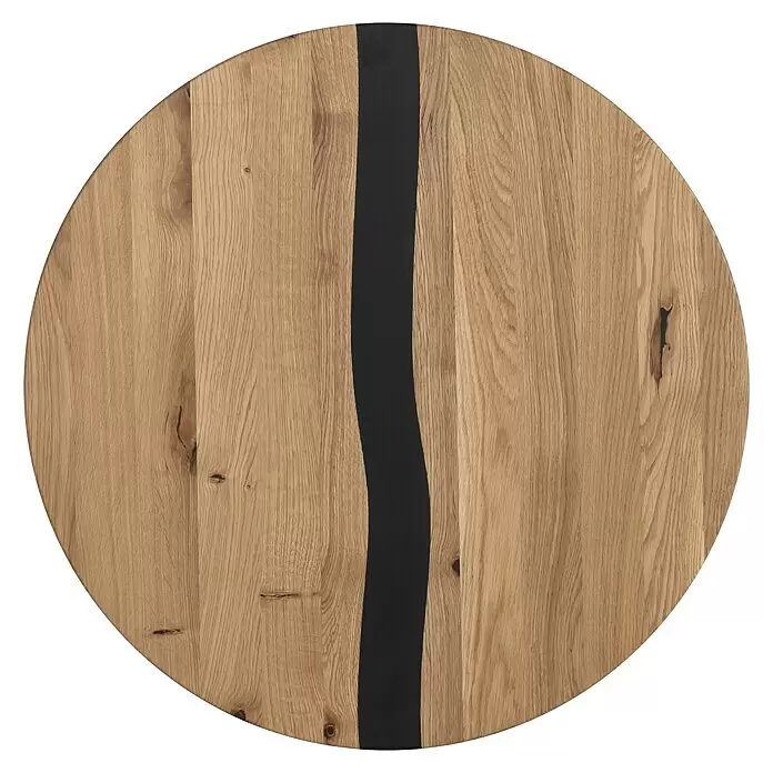 Exclusivholz Tischplatte Epoxid - Eiche, Durchmesser: 60 cm, Stärke: 2 cm - Runde Holz-Tischplatte mit Naturholz-Finish und zentralem schwarzen Harzstreifen.