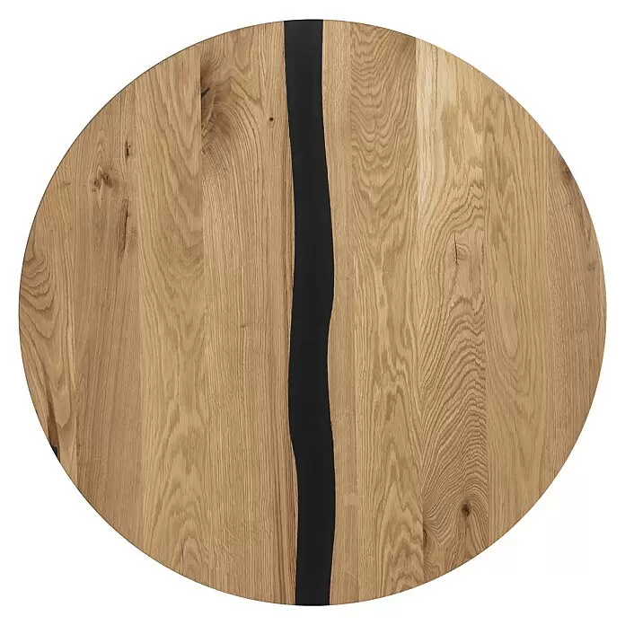 Exclusivholz Tischplatte Epoxid - Eiche, Durchmesser: 80 cm, Stärke: 2 cm - Runde Tischplatte aus Holz mit schwarzer Harzintarsie.
