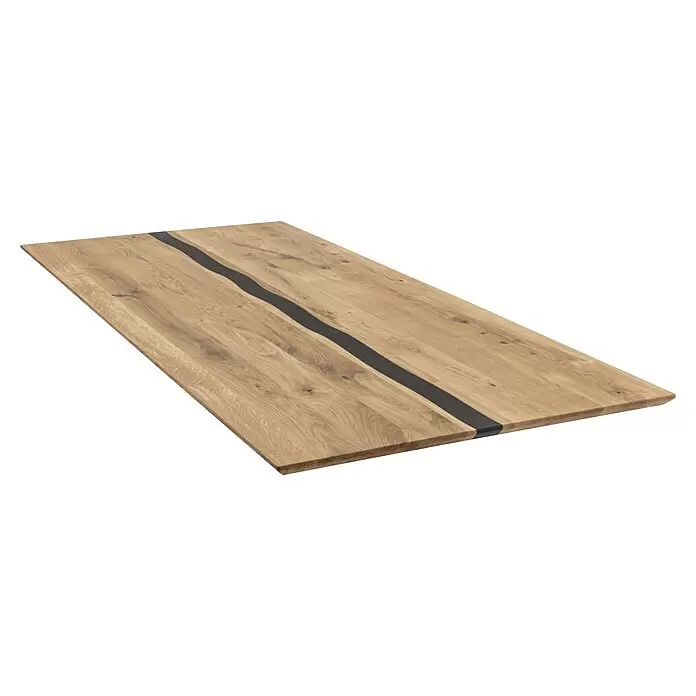 Exclusivholz Tischplatte Epoxid - Eiche, 200 x 85 x 2,6 cm - Rechteckige helle Holztischplatte mit schwarzem Harzfluss in der Mitte.